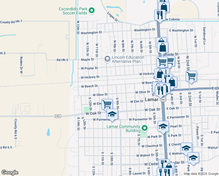 map of restaurants, bars, coffee shops, grocery stores, and more near 103 South 10th Street in Lamar