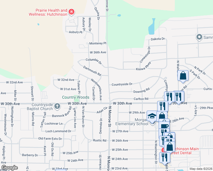 map of restaurants, bars, coffee shops, grocery stores, and more near 3101 North Monroe Street in Hutchinson