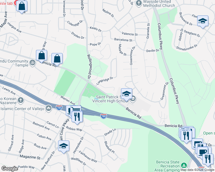 map of restaurants, bars, coffee shops, grocery stores, and more near 275 Crownpointe Drive in Vallejo