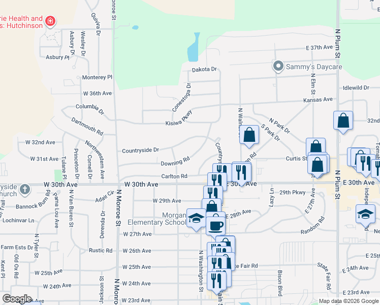 map of restaurants, bars, coffee shops, grocery stores, and more near 11 Downing Rd in Hutchinson