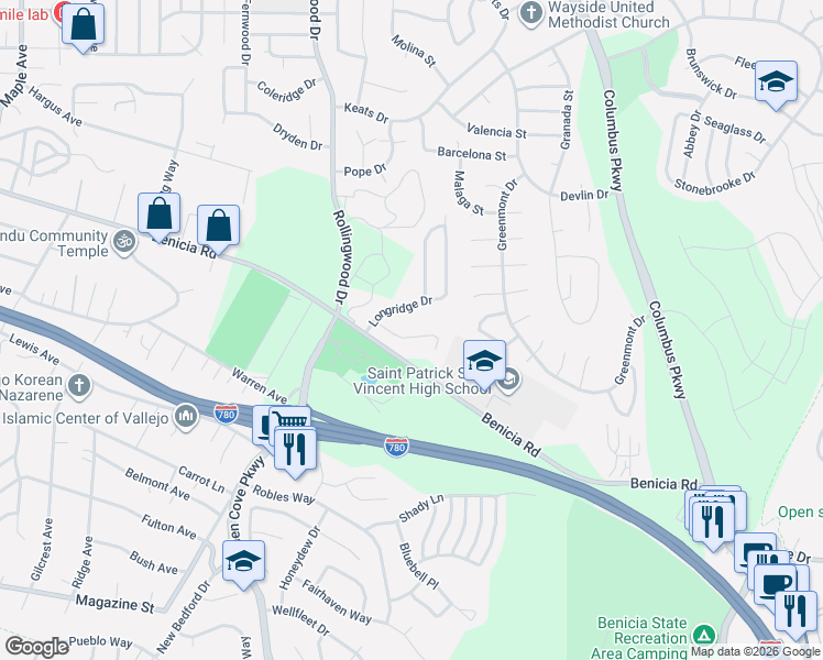 map of restaurants, bars, coffee shops, grocery stores, and more near 275 Crownpointe Drive in Vallejo