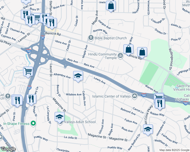 map of restaurants, bars, coffee shops, grocery stores, and more near 1005 Lewis Avenue in Vallejo