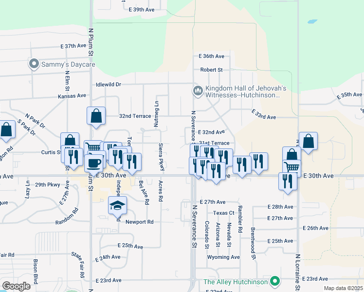 map of restaurants, bars, coffee shops, grocery stores, and more near 3107 Belmont Street in Hutchinson