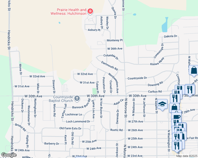 map of restaurants, bars, coffee shops, grocery stores, and more near 701 West 31st Avenue in Hutchinson