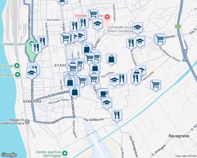 map of restaurants, bars, coffee shops, grocery stores, and more near 153 Via Sbarre Superiori in Reggio Calabria