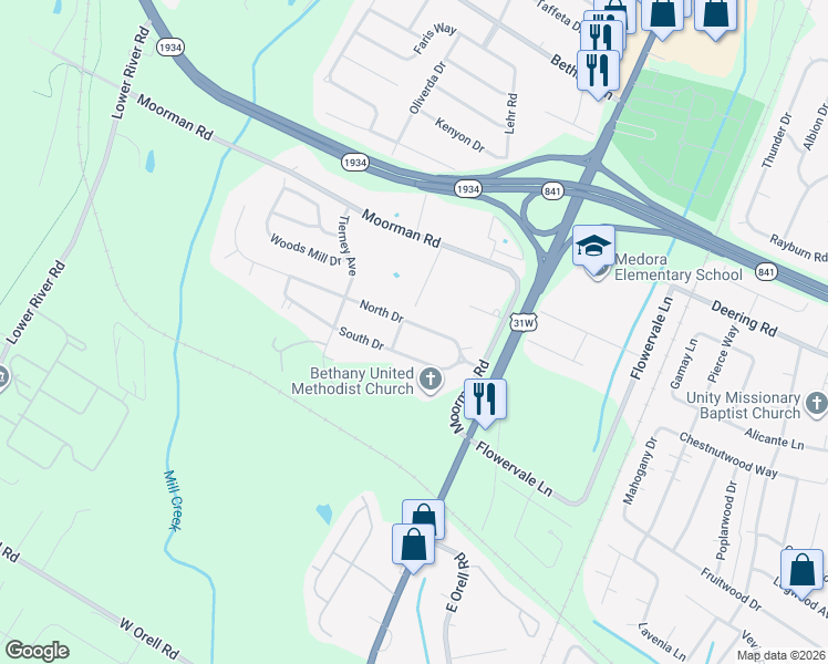 map of restaurants, bars, coffee shops, grocery stores, and more near 6421 South Drive in Louisville