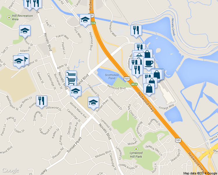 map of restaurants, bars, coffee shops, grocery stores, and more near 14 Scottsdale Way in Novato