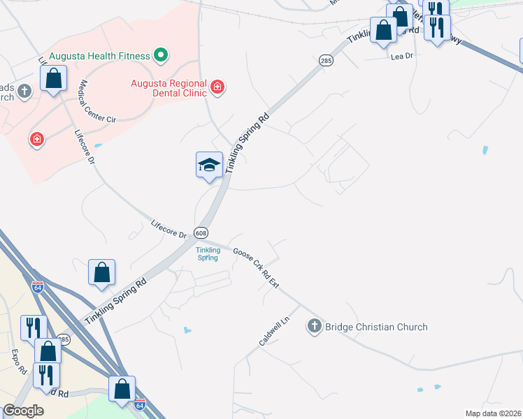 map of restaurants, bars, coffee shops, grocery stores, and more near 1126 Old Goose Creek Road in Fishersville