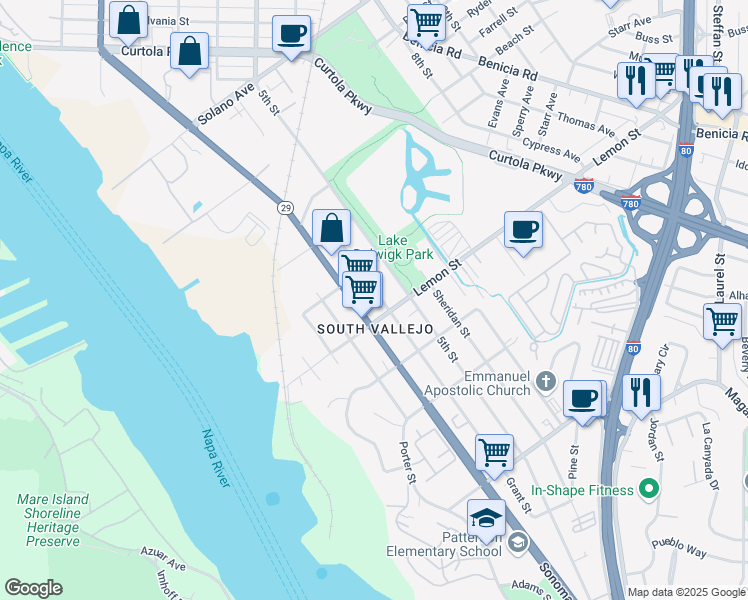 map of restaurants, bars, coffee shops, grocery stores, and more near 539 Grant Street in Vallejo