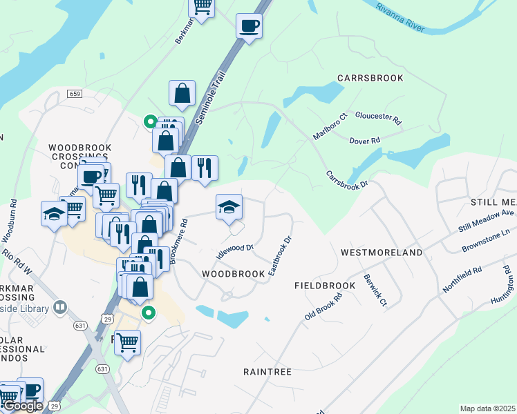map of restaurants, bars, coffee shops, grocery stores, and more near 2927 Idlewood Drive in Charlottesville