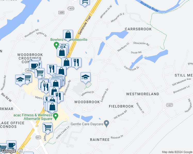 map of restaurants, bars, coffee shops, grocery stores, and more near 2927 Idlewood Drive in Charlottesville