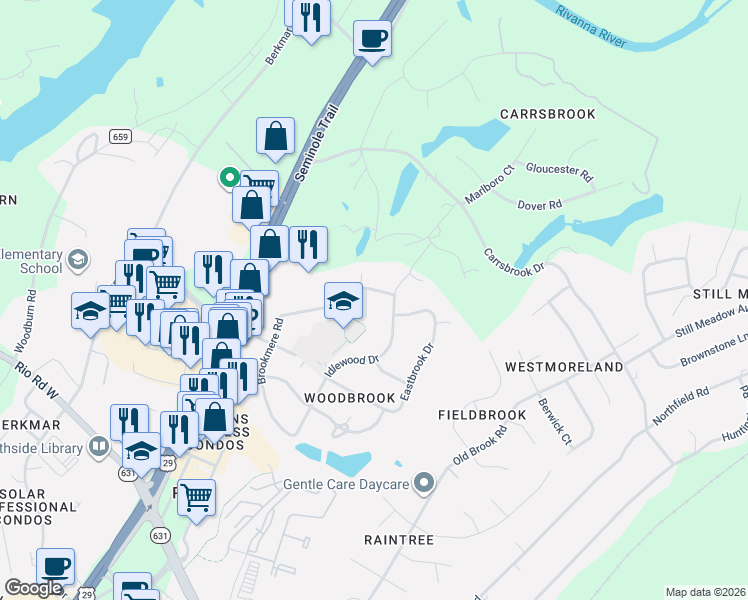 map of restaurants, bars, coffee shops, grocery stores, and more near 2919-2921 Idlewood Dr in Charlottesville