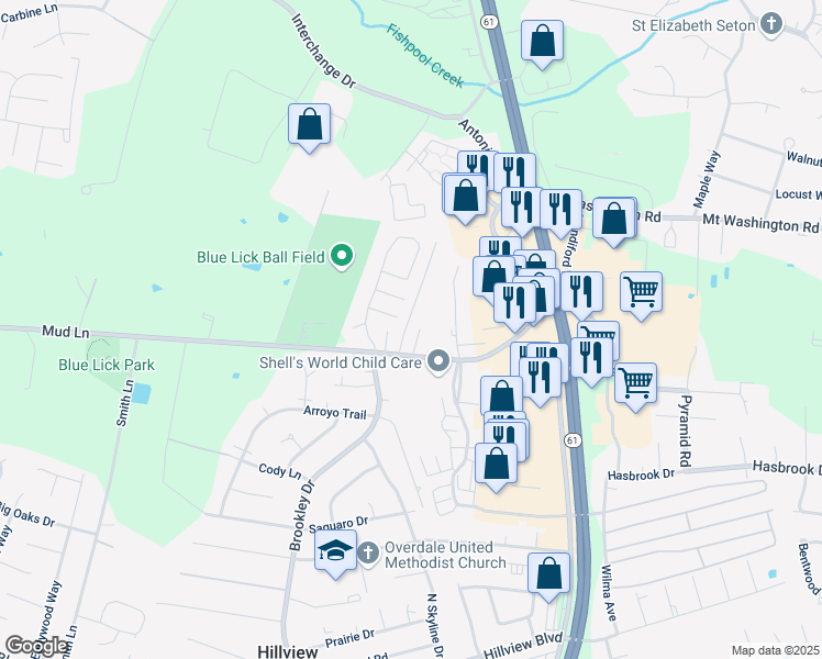 map of restaurants, bars, coffee shops, grocery stores, and more near 4805 Mud Lane in Louisville