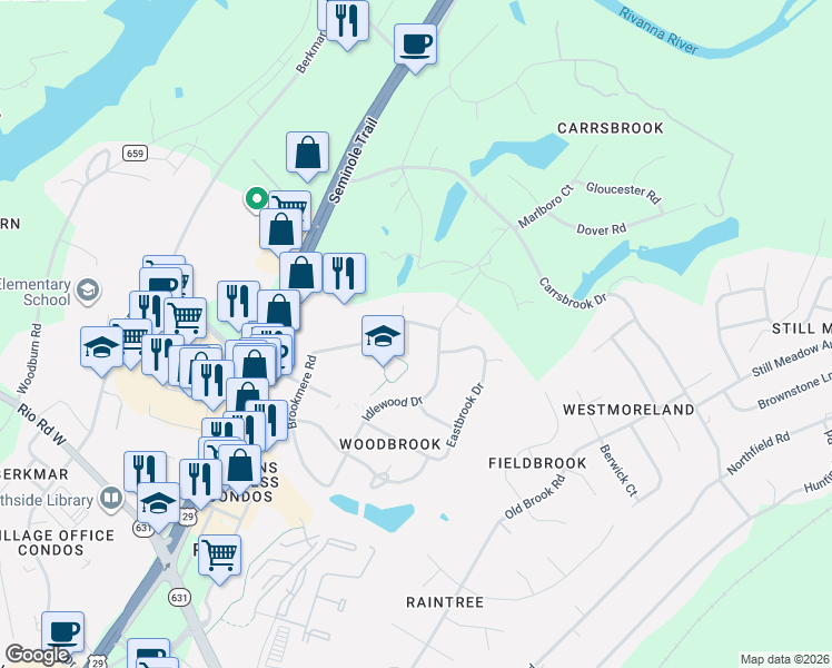 map of restaurants, bars, coffee shops, grocery stores, and more near 2919-2921 Idlewood Dr in Charlottesville