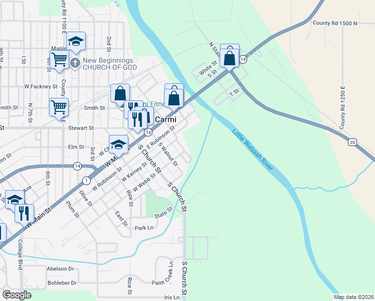 map of restaurants, bars, coffee shops, grocery stores, and more near 401 Sherwood Drive in Carmi