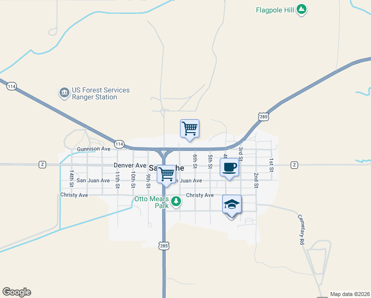 map of restaurants, bars, coffee shops, grocery stores, and more near Gunnison Avenue in Saguache