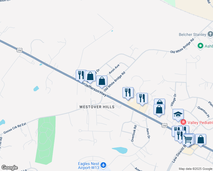 map of restaurants, bars, coffee shops, grocery stores, and more near 30 Old White Bridge Road in Waynesboro