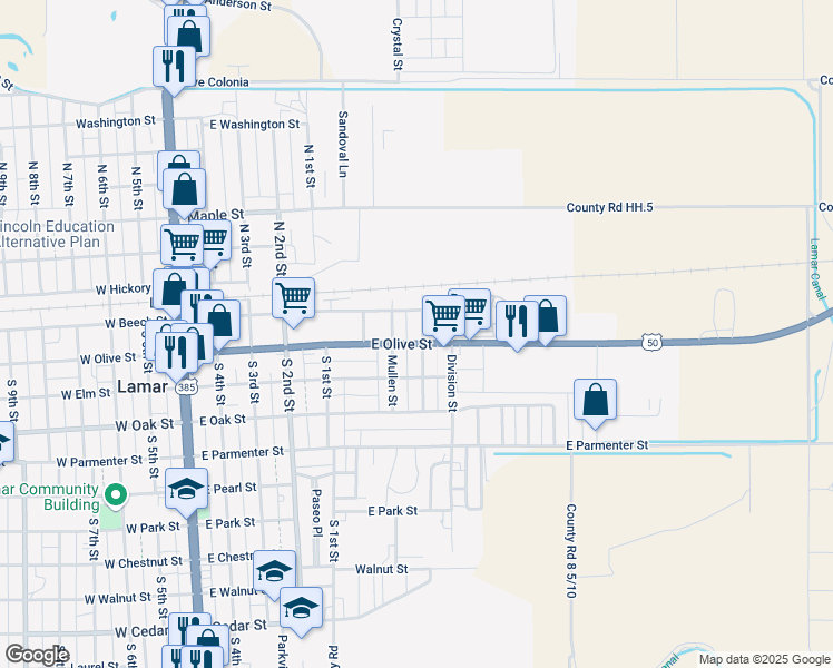 map of restaurants, bars, coffee shops, grocery stores, and more near 700-708 East Beech Street in Lamar