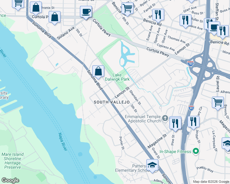 map of restaurants, bars, coffee shops, grocery stores, and more near 525 5th Street in Vallejo