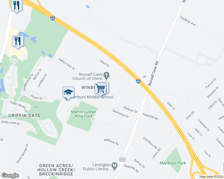 map of restaurants, bars, coffee shops, grocery stores, and more near 1895 Barksdale Drive in Lexington