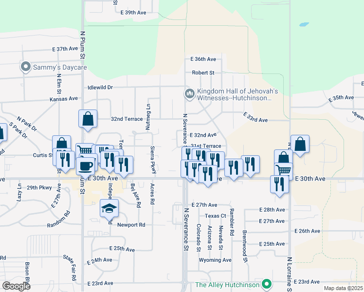 map of restaurants, bars, coffee shops, grocery stores, and more near 3127 Belmont Street in Hutchinson