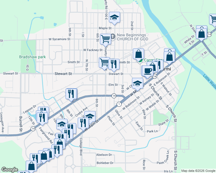 map of restaurants, bars, coffee shops, grocery stores, and more near 300-398 County Road 1100 East in Carmi