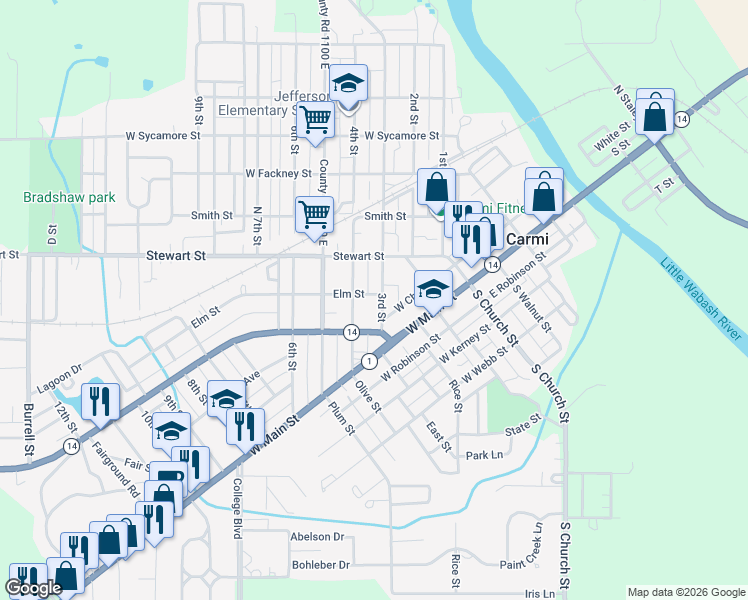 map of restaurants, bars, coffee shops, grocery stores, and more near 302 4th Street in Carmi