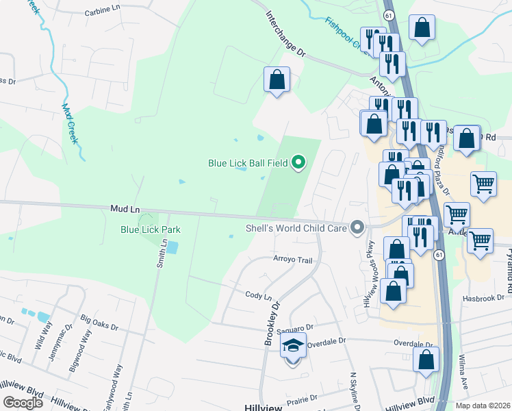 map of restaurants, bars, coffee shops, grocery stores, and more near 11020 Elda Drive in Louisville