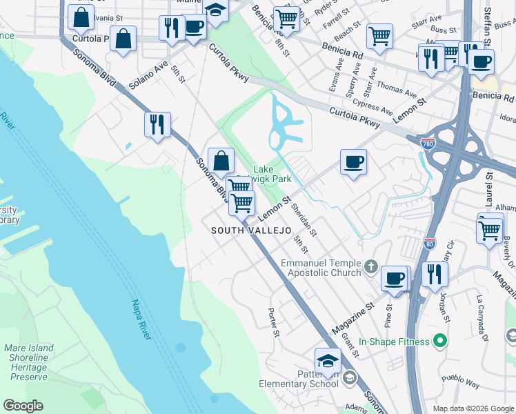 map of restaurants, bars, coffee shops, grocery stores, and more near 525 5th Street in Vallejo