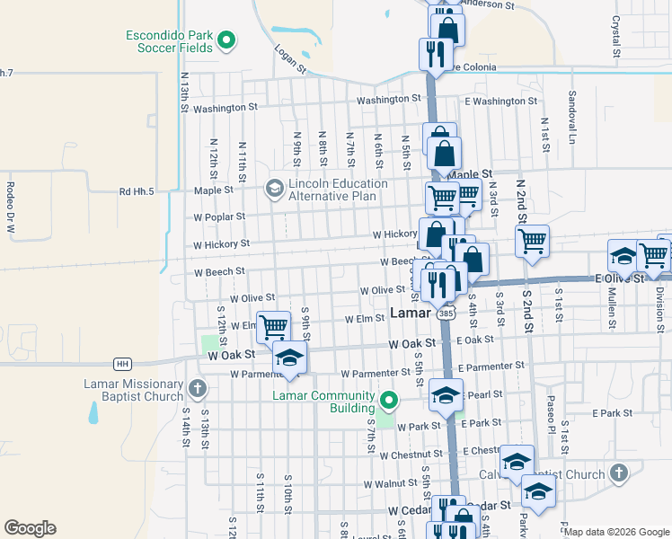 map of restaurants, bars, coffee shops, grocery stores, and more near 400-498 West Beech Street in Lamar