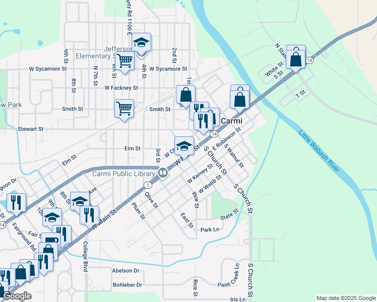 map of restaurants, bars, coffee shops, grocery stores, and more near 199 West Cherry Street in Carmi