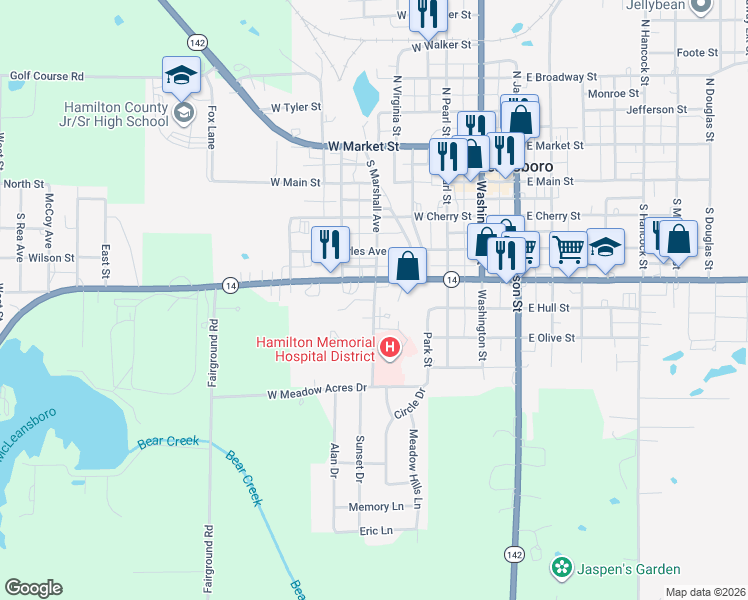 map of restaurants, bars, coffee shops, grocery stores, and more near 601 South Marshall Avenue in McLeansboro