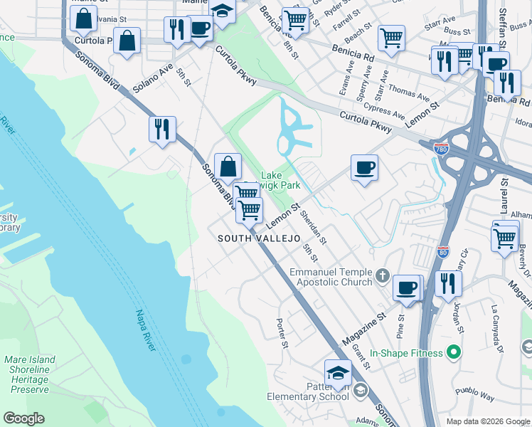 map of restaurants, bars, coffee shops, grocery stores, and more near 542 Grant Street in Vallejo