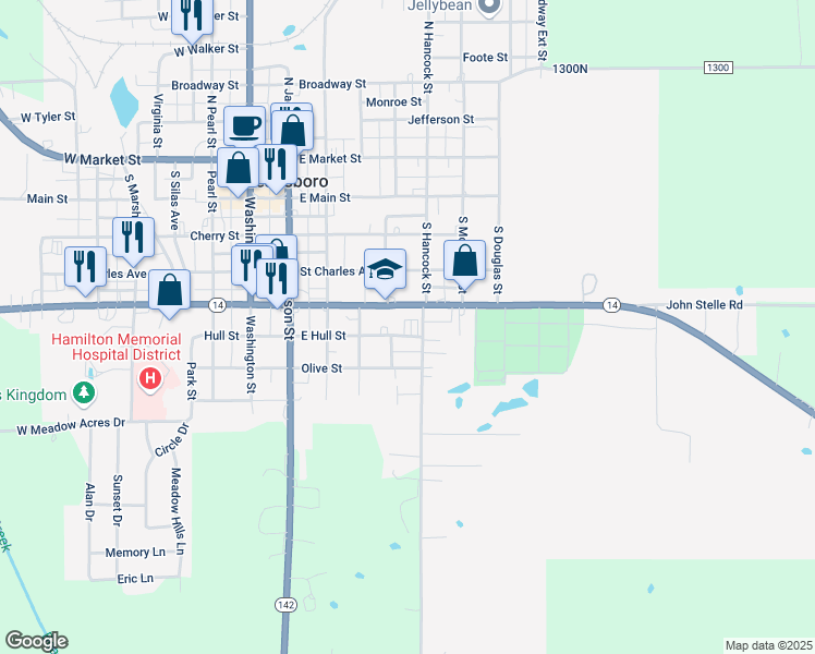 map of restaurants, bars, coffee shops, grocery stores, and more near 501 East Randolph Street in McLeansboro