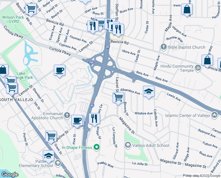 map of restaurants, bars, coffee shops, grocery stores, and more near 120 El Monte Avenue in Vallejo