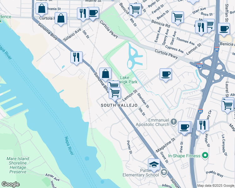 map of restaurants, bars, coffee shops, grocery stores, and more near 503 Grant Street in Vallejo