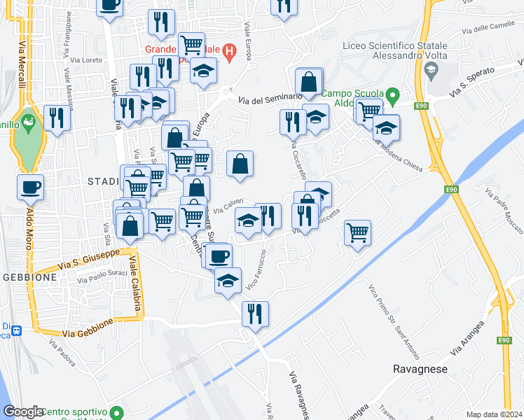 map of restaurants, bars, coffee shops, grocery stores, and more near Via Calveri in Reggio Calabria