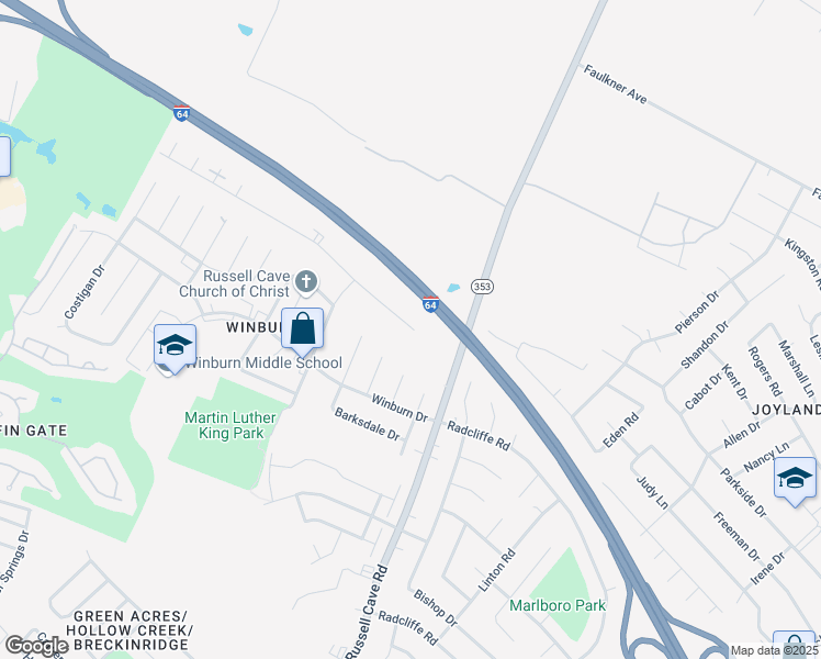 map of restaurants, bars, coffee shops, grocery stores, and more near 1975 Russell Cave Road in Lexington