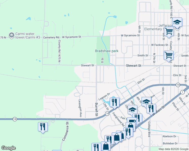 map of restaurants, bars, coffee shops, grocery stores, and more near 713 Burrell Street in Carmi