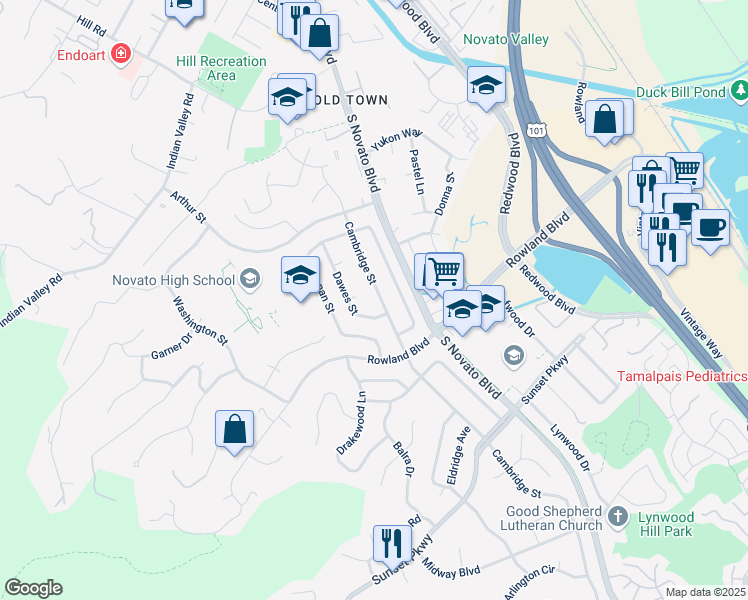 map of restaurants, bars, coffee shops, grocery stores, and more near 1423 Cambridge Street in Novato