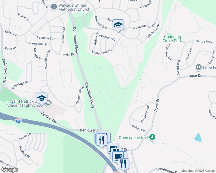 map of restaurants, bars, coffee shops, grocery stores, and more near 7205 Stonebrooke Drive in Vallejo