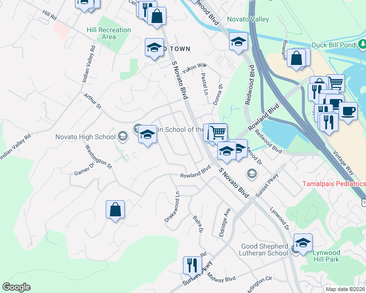 map of restaurants, bars, coffee shops, grocery stores, and more near 1423 Cambridge Street in Novato