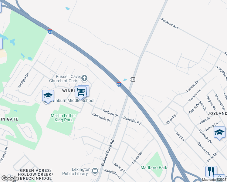 map of restaurants, bars, coffee shops, grocery stores, and more near 1975 Russell Cave Road in Lexington