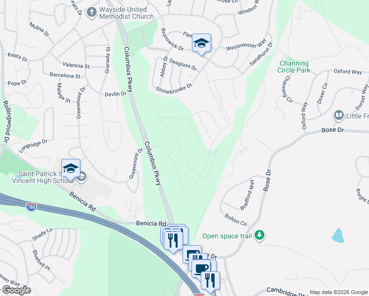map of restaurants, bars, coffee shops, grocery stores, and more near 7205 Stonebrooke Drive in Vallejo