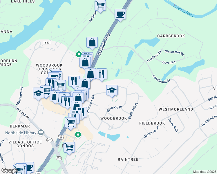 map of restaurants, bars, coffee shops, grocery stores, and more near 2925 Brookmere Road in Charlottesville