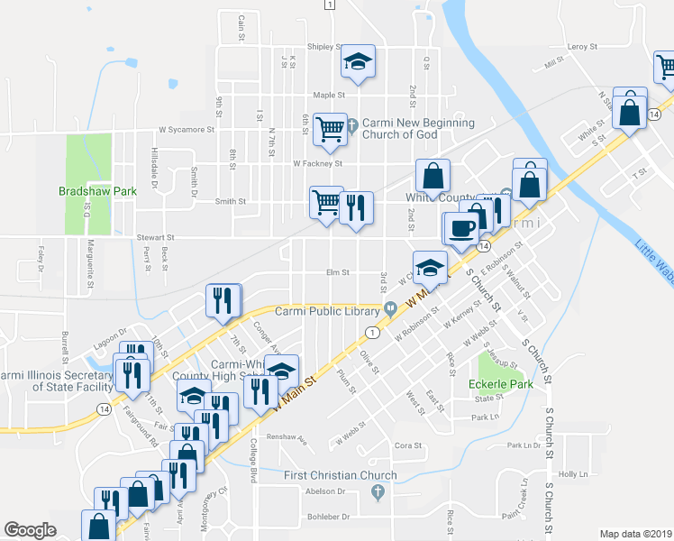 map of restaurants, bars, coffee shops, grocery stores, and more near 300 County Road 1100 East in Carmi