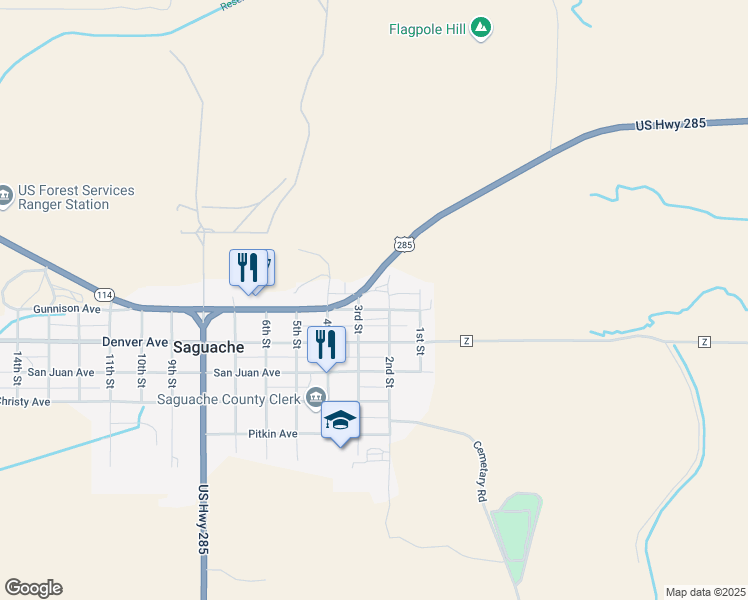map of restaurants, bars, coffee shops, grocery stores, and more near 250 Gunnison Avenue in Saguache