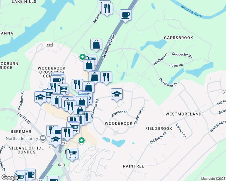 map of restaurants, bars, coffee shops, grocery stores, and more near 2925 Brookmere Road in Charlottesville