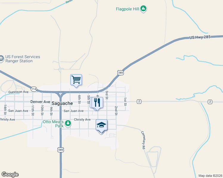 map of restaurants, bars, coffee shops, grocery stores, and more near Gunnison Avenue in Saguache