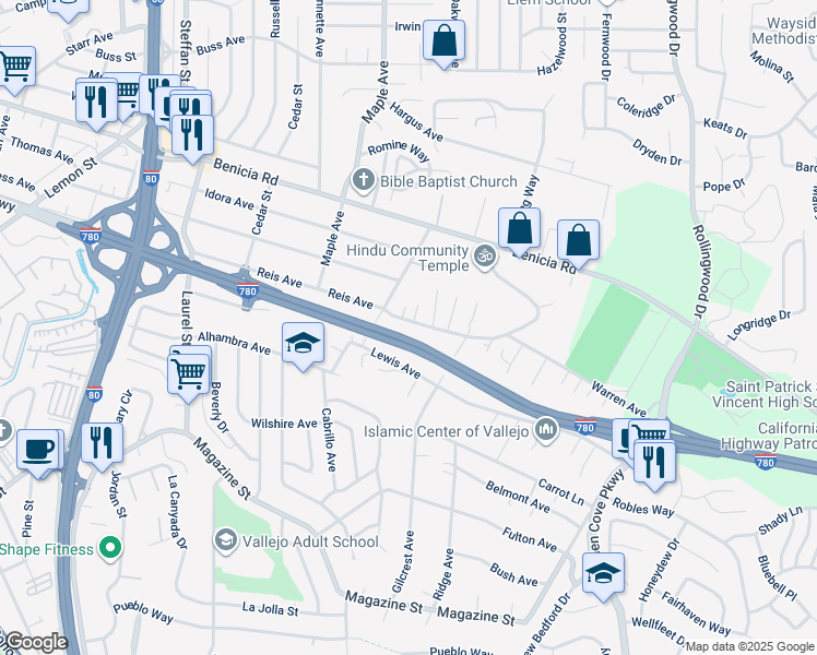 map of restaurants, bars, coffee shops, grocery stores, and more near 1008 Taylor Avenue in Vallejo